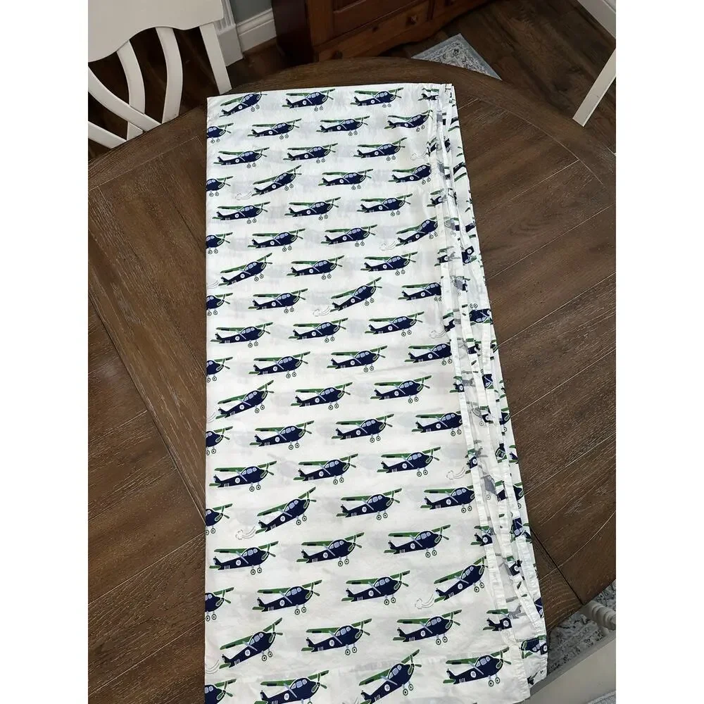 EUC Pottery Barn Full FLAT Sheet Vintage Airplane Print Blue Green